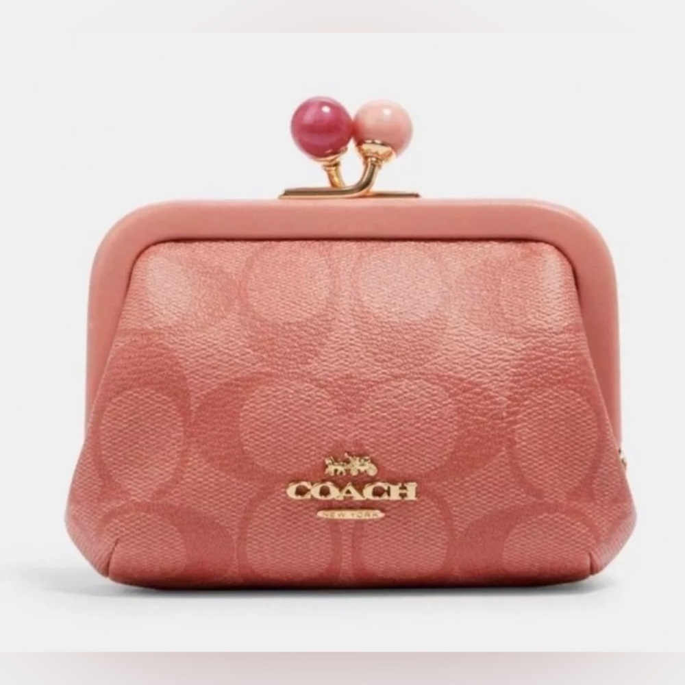 COACH NORA KISSLOCK CARD CASE IN SIGNATURE CANVAS C1708 IM/CANDY PINK